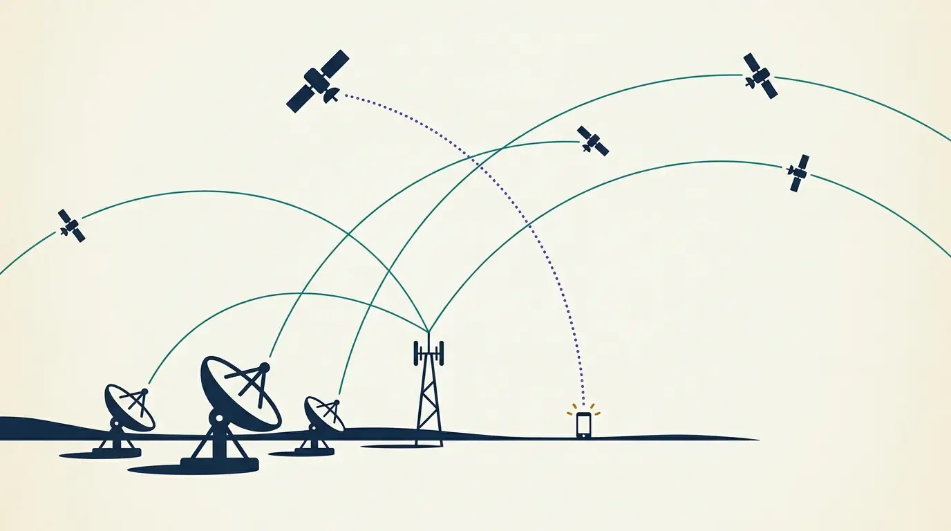 Illustration: ground station antennas and a telecom tower linked to satellites in multiple orbits, with a direct-to-device link to a phone