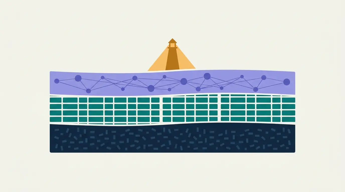 Illustration: stratified layers of raw data rising to organized tables, a connected graph, and a beacon at the top